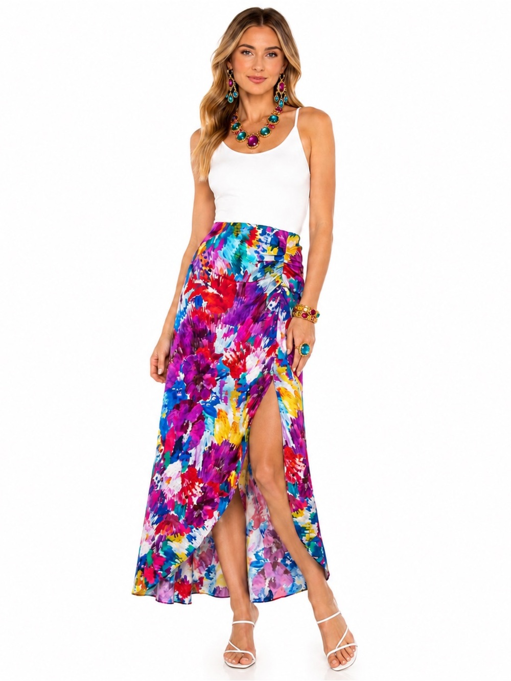 Robert Graham Watercolor Art Asymmetrical Side Slit Ruched Skirt Womens SZ 8